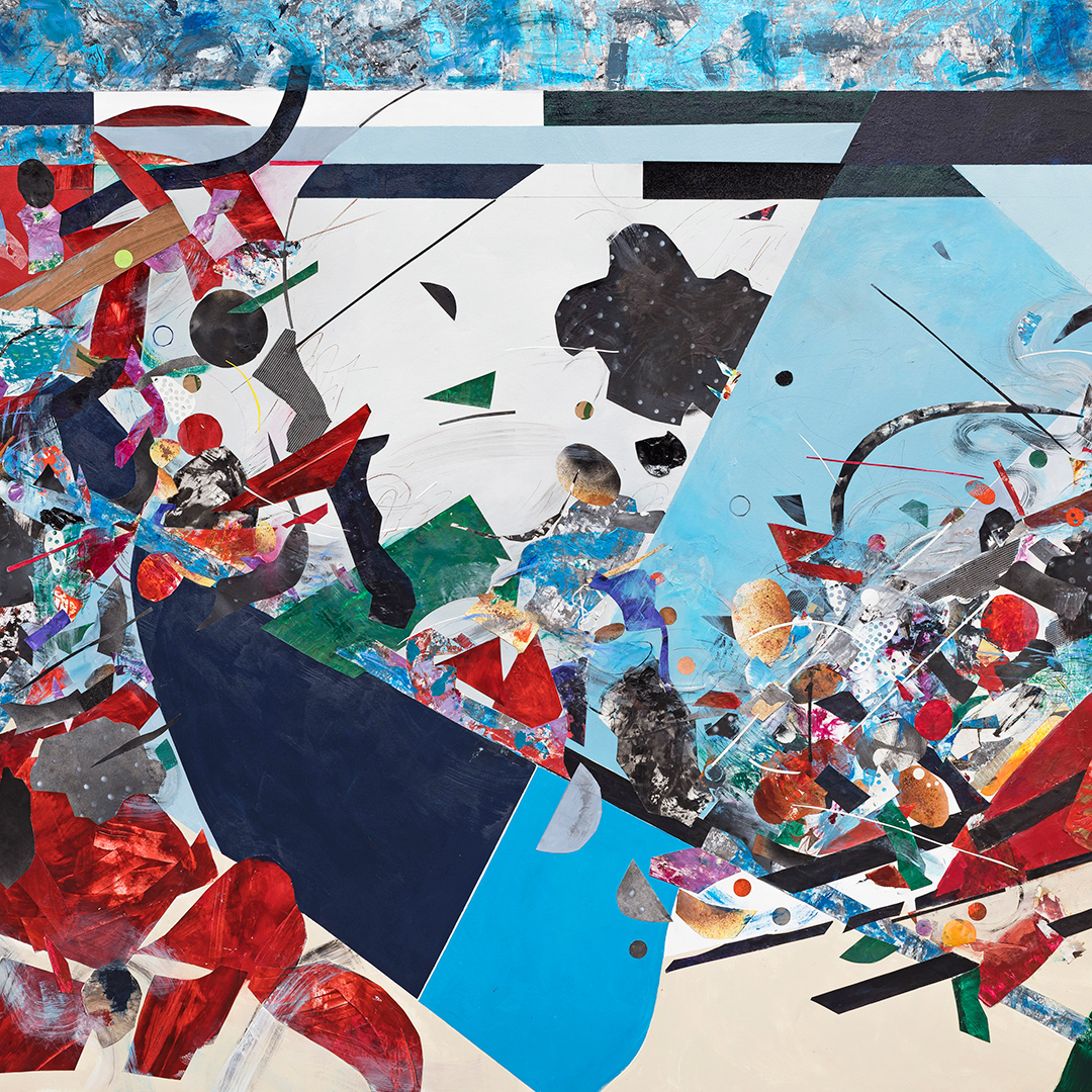 This is a color photograph of an abstract painting by artist Sharon Louise Barnes entitled Where Chilly Winds Don’t Blow. The painting features an assortment of geometric shapes and collaged elements primarily in shades of red, orange and black in an off-kilter composition and arrangement. These shapes stretch from the top left side to partially covering the right side. Blocks of light blue, medium blue and dark blue-black shapes ground the clusters of red shapes and collaged elements. There are loose, light grey-white brushstrokes that swish across the bottom left corner and right side. The top of the painting has a border of various brushstrokes of blue and gray.